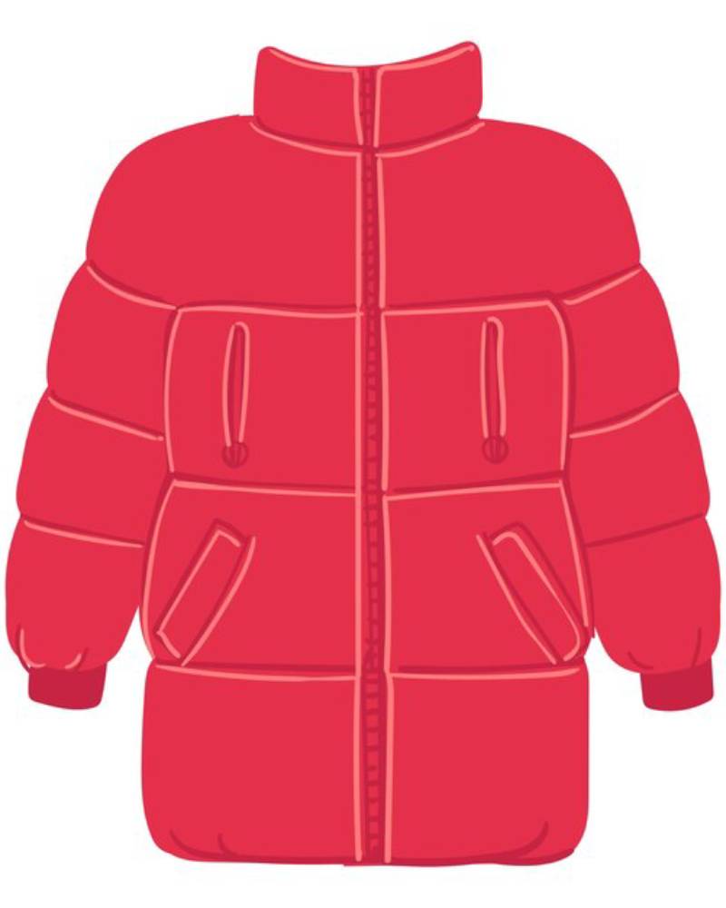 Bright red insulated jacket with quilted sections and front zippers for cold weather protection