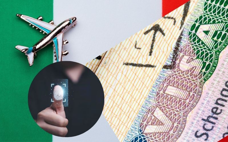 Representation of Italy visa process with airplane, biometric fingerprint scan, and Schengen visa on Italian flag background